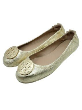 TORY BURCH~Reva Logo~BALLET FLATS~METALLIC GOLD LEATHER SLIP ON SHOES~11M
